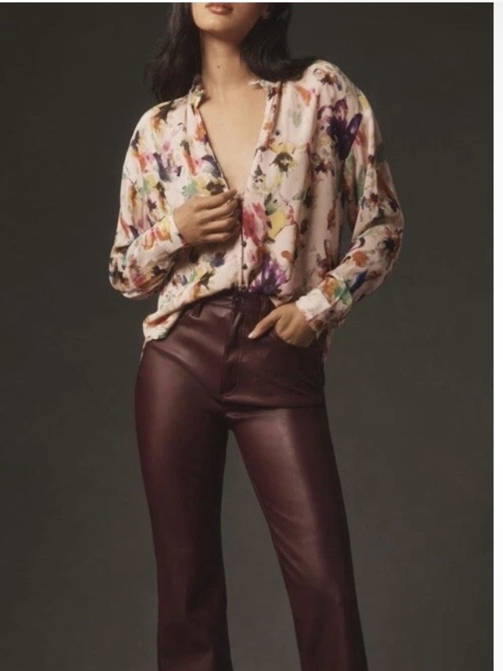 Anthropologie Pilcro Tavi Blouse pink floral watercolor print long sleeves SM